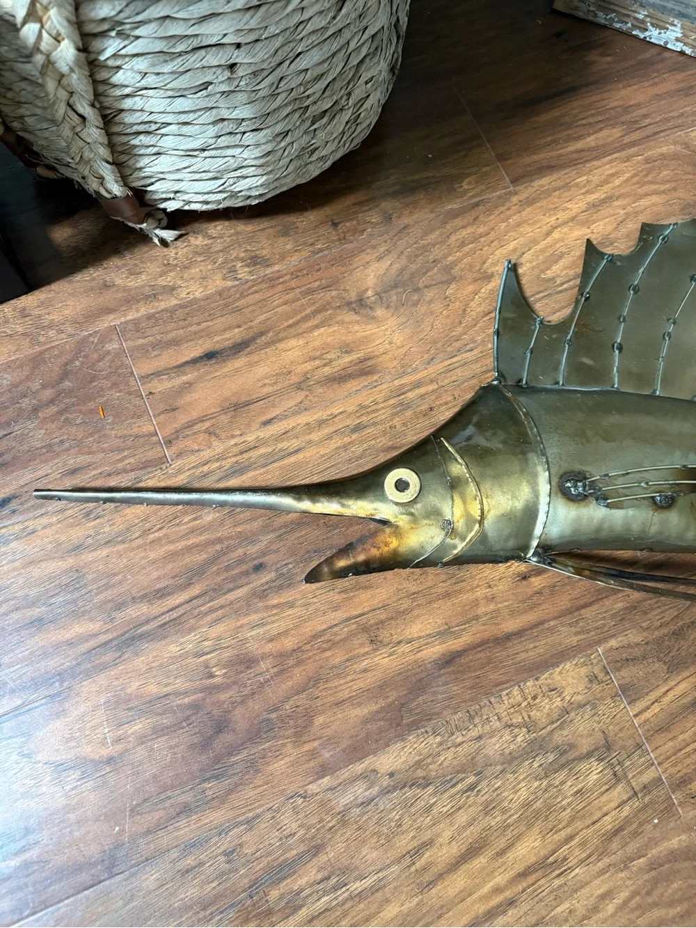 Metal Sailfish Wall Sculpture Brass Color  38 In.  Coastal Folk Art